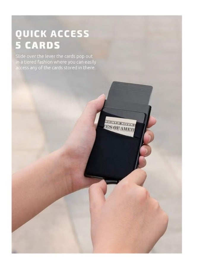 Generic Business Card Holder with Money Pocket Pop Up Wallet RFID Blocking Slim Metal Bank Card Case Holds 5 Cards and Notes Black  - Image 2