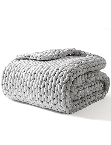 YnM Weighted Blanket Handmade Chunky Yarn Knitted Design Soft and Cozy Temperature Regulating and Breathable Machine Washable Throw for Sleep or Home Decor Silver Grey 60x80 Inch 15lbs
