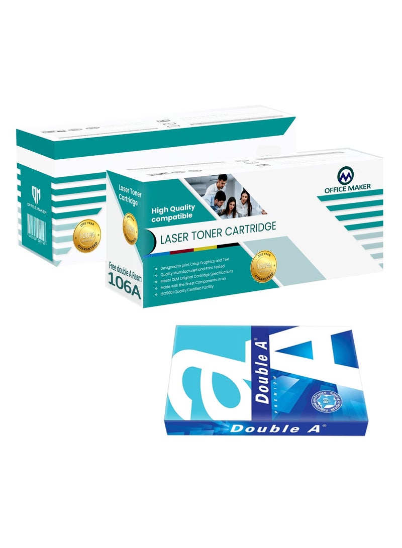 Office Maker Office Maker Compatible 106A W1106A Toner Cartridge for HP Laser 107w 107a  MFP135a  135w 137fnw Printer 2-Pack with Free A4 Double-A Ream - Image 1