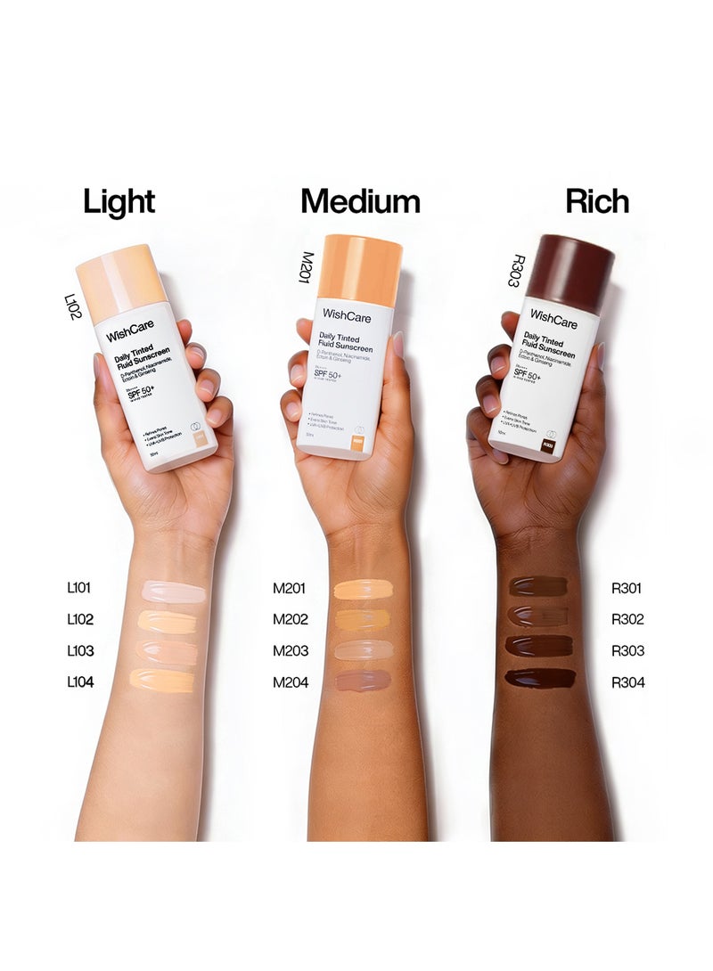 WishCare Daily Fluid Tinted Sunscreen SPF50 PA++++| L104 | Broad Spectrum Protection for all skin types | In-Vivo Tested Tinted Sun Screen | D-Panthenol, Niacinamide, Ectoin & Ginseng | Evens & Protects | 50ml - Image 5
