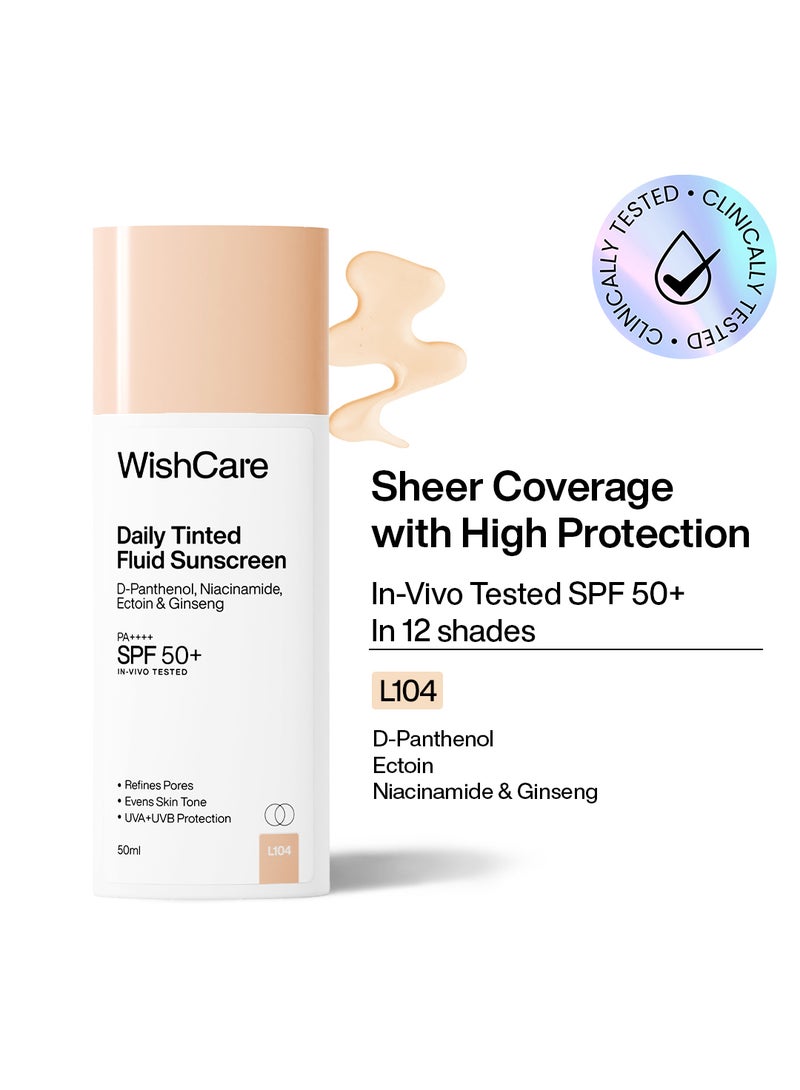 WishCare Daily Fluid Tinted Sunscreen SPF50 PA++++| L104 | Broad Spectrum Protection for all skin types | In-Vivo Tested Tinted Sun Screen | D-Panthenol, Niacinamide, Ectoin & Ginseng | Evens & Protects | 50ml - Image 1