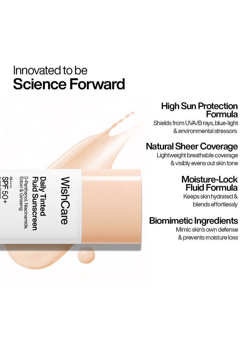 WishCare Daily Fluid Tinted Sunscreen SPF50 PA++++| L104 | Broad Spectrum Protection for all skin types | In-Vivo Tested Tinted Sun Screen | D-Panthenol, Niacinamide, Ectoin & Ginseng | Evens & Protects | 50ml - Image 4