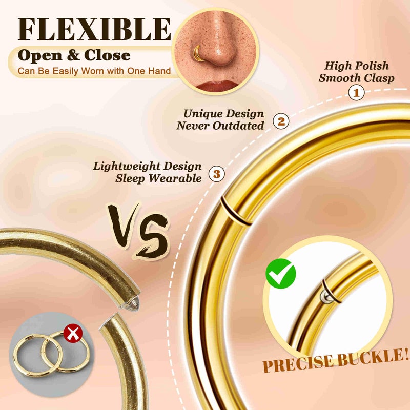 Masedy 4PCS 20G Surgical Steel Nose Ring Hoop for Women Men Hinged Double Nose Hoop CZ Opal Clicker Septum Nose Hoops Cartilage Conch Tragus Rook Ring Lip Daith Piercing Jewelry Gold 8MM - Image 3