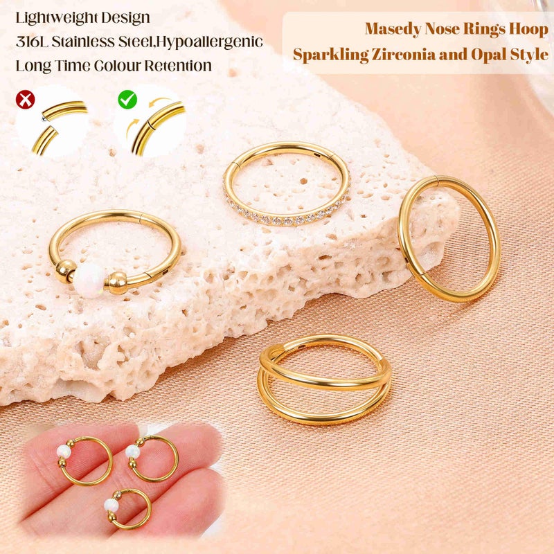 Masedy 4PCS 20G Surgical Steel Nose Ring Hoop for Women Men Hinged Double Nose Hoop CZ Opal Clicker Septum Nose Hoops Cartilage Conch Tragus Rook Ring Lip Daith Piercing Jewelry Gold 8MM - Image 5