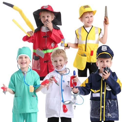 TopTie 5 Sets Kids Costumes with Gift Box Dress Up Costumes for Age 37 Doctor Fireman Police Surgeon Worker - Image 5