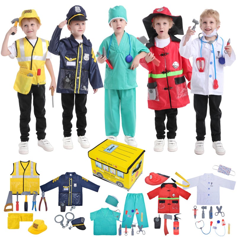TopTie 5 Sets Kids Costumes with Gift Box Dress Up Costumes for Age 37 Doctor Fireman Police Surgeon Worker - Image 3
