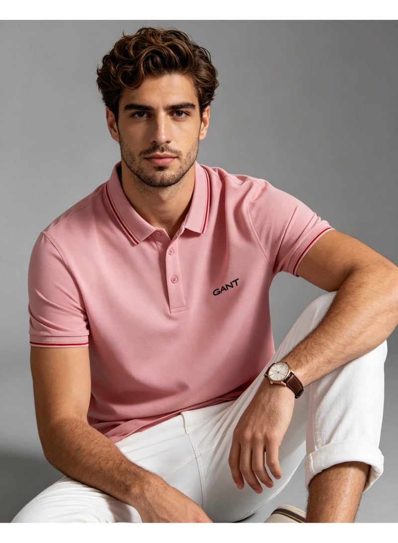 GANT Men's Short Sleeve Tipped Collar Polo Shirt, Casual Regular Fit, Pink - Image 1