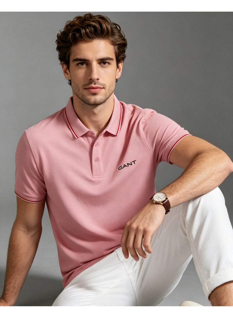 GANT Men's Short Sleeve Tipped Collar Polo Shirt, Casual Regular Fit, Pink - Image 4