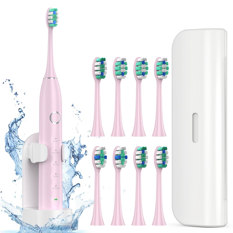 Fronix Electric Toothbrush for Adults with 8 Brush Heads, Sonic Toothbrush Rechargeable with a Holder & Travel Case, 2.5 Hours Charge for 120 Days Use - Pink - Image 1
