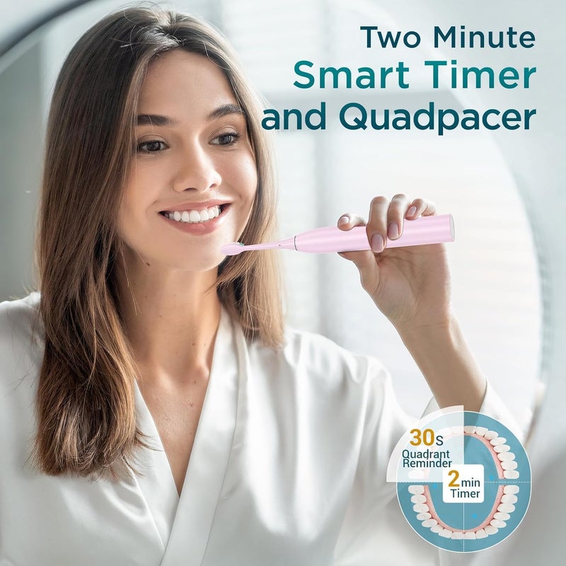 Fronix Electric Toothbrush for Adults with 8 Brush Heads, Sonic Toothbrush Rechargeable with a Holder & Travel Case, 2.5 Hours Charge for 120 Days Use - Pink - Image 3