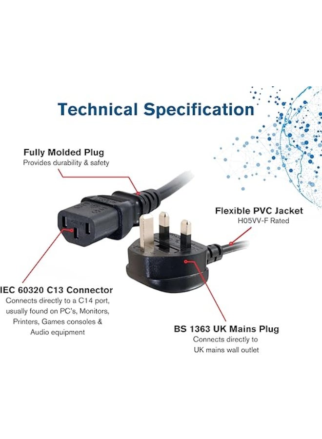 3-Pin UK Power Cable with Fuse Protection, 1.8M AC Power Cord IEC C13, 250V 13A Plug for PC, Monitor, Printer, TV, Laptop, Kettle, Photocopier – Black  - Image 4