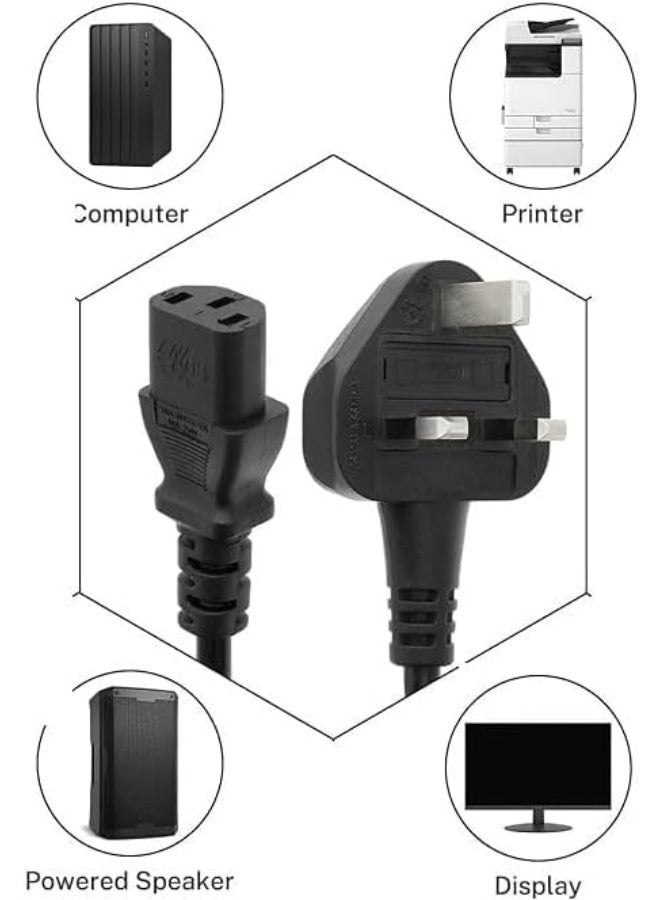 3-Pin UK Power Cable with Fuse Protection, 1.8M AC Power Cord IEC C13, 250V 13A Plug for PC, Monitor, Printer, TV, Laptop, Kettle, Photocopier – Black  - Image 2
