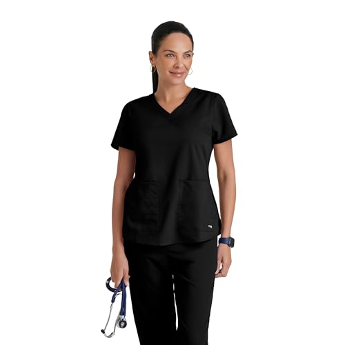 Barco Grey's Anatomy Women's Two Pocket V-Neck Scrub Top with Shirring Back, Black, Small - Image 1