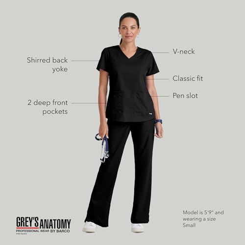 Barco Grey's Anatomy Women's Two Pocket V-Neck Scrub Top with Shirring Back, Black, Small - Image 4