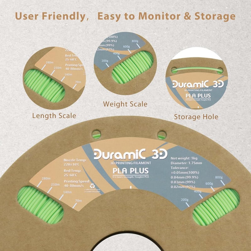 DURAMIC 3D PLA+ Filament 1.75mm 1Kg Neon Green, PLA Plus Filament 1Kg Spool(2.2lbs) Tougher and Stronger, Dimensional Accuracy Probability +/- 0.02mm - Image 2