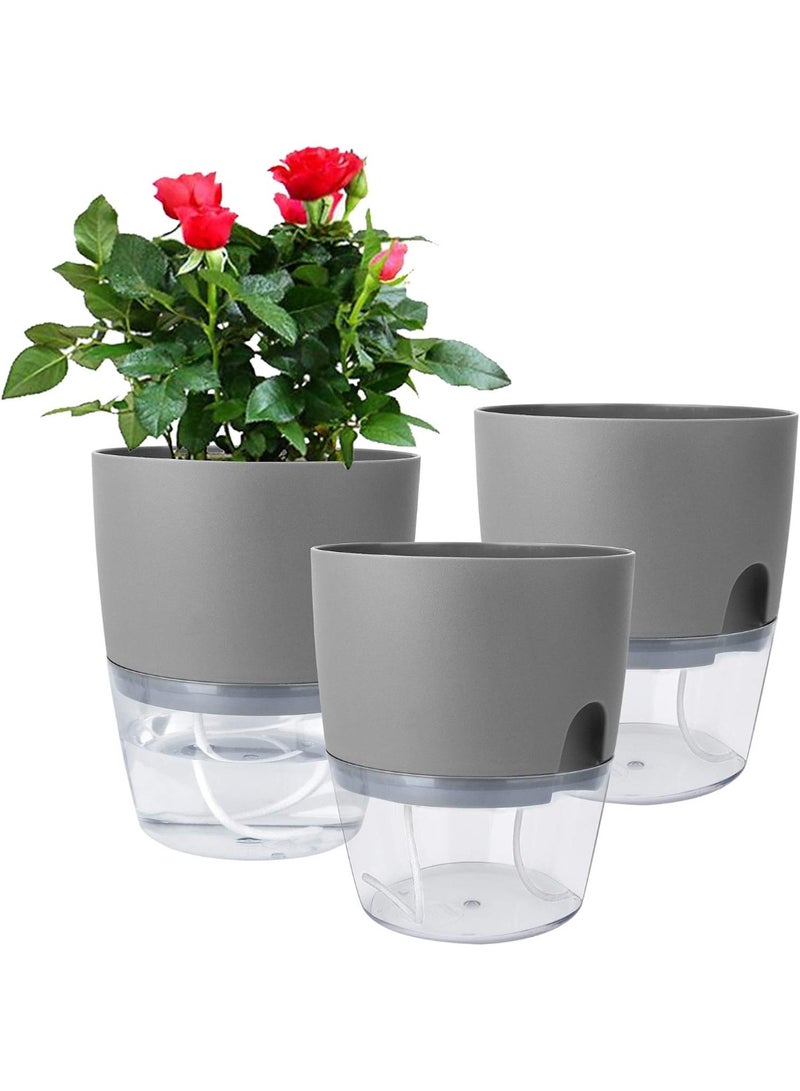 Bukela 3 PCS Self Watering Planters, 3.2 Inch Plastic Planter Pots, Wicking Flower Pots Modern Decorative Planter for Small African Violets House Plants, Herbs, Indoor Outdoor Plant (Grey) - Image 1