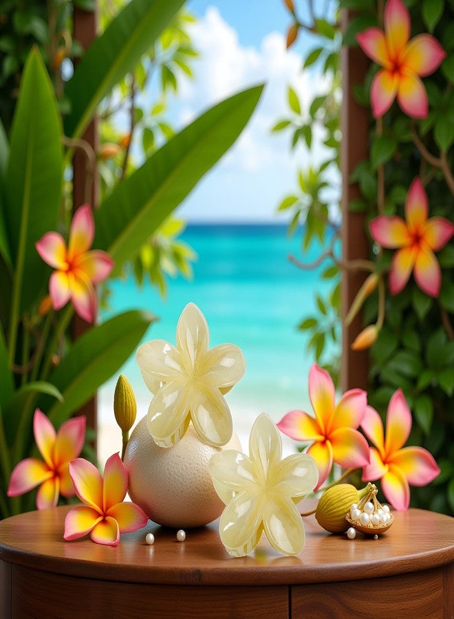 Wentoenapp 2Pcs Creamy Yellow Hawaiian Flower Claw, Preppy Flower, Plumeria Clip, Hibiscus Claw for Women, Large Claws for Thick Hair, Hairs Accessories - Image 5