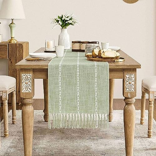 ZeeMart Farmhouse Table Runner Rustic Table Runners 108 Inches Long Linen Boho Table Runner Braided Striped Green Table Runner for Dining Party Holiday 15x108 Inches Braided Desert Sage