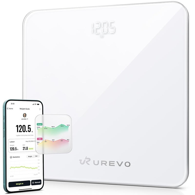 UREVO ميزان UREVO الذكي لوزن الجسم ميزان حمام رقمي مع شاشة LED ميزان وزن دقيق للغاية يتزامن مع تطبيق UREVO الصحي لتتبع مؤشر كتلة الجسم 400 رطل 180 كجم وحدات كجم رطل - Image 1