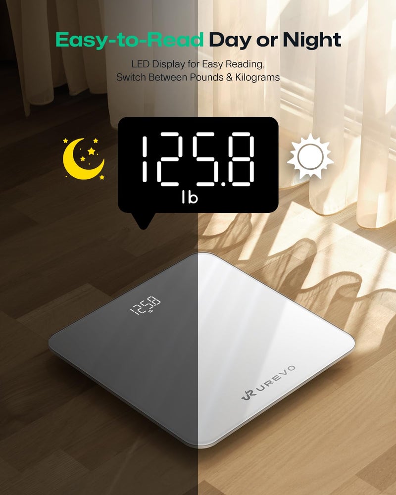 UREVO ميزان UREVO الذكي لوزن الجسم ميزان حمام رقمي مع شاشة LED ميزان وزن دقيق للغاية يتزامن مع تطبيق UREVO الصحي لتتبع مؤشر كتلة الجسم 400 رطل 180 كجم وحدات كجم رطل - Image 4