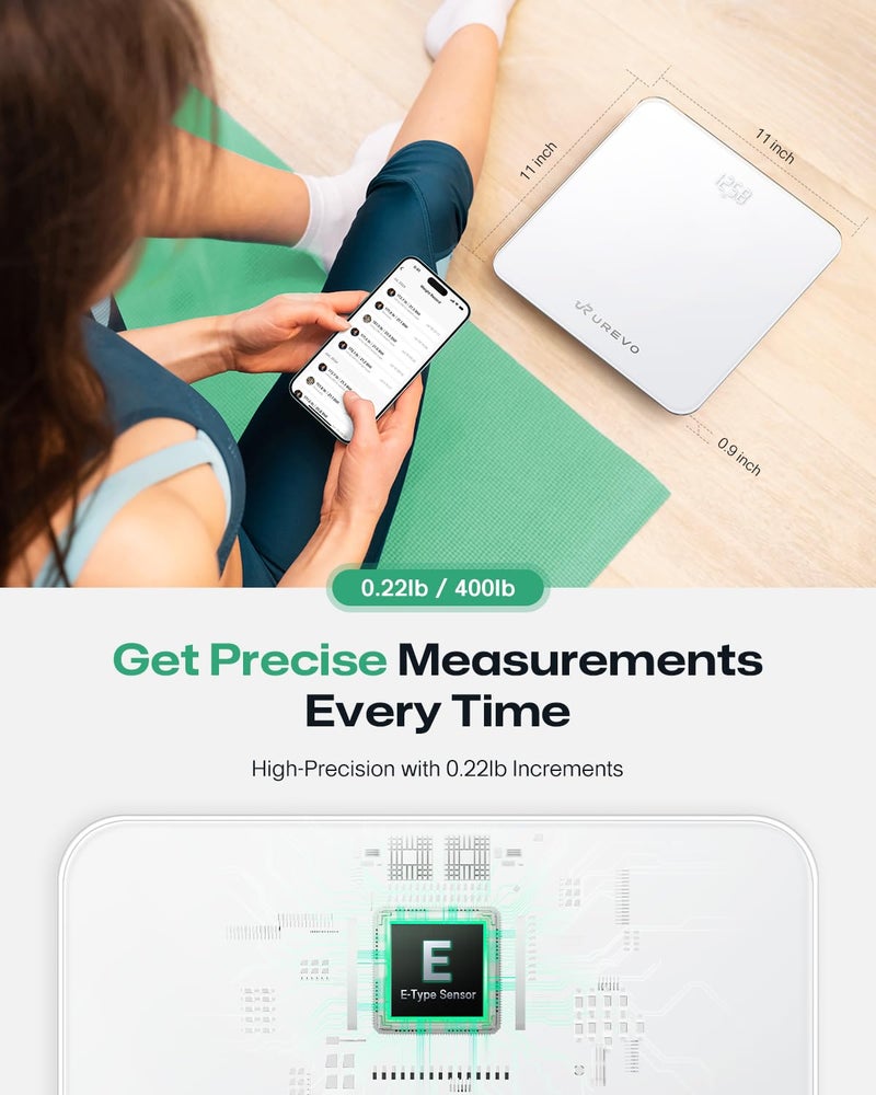 UREVO ميزان UREVO الذكي لوزن الجسم ميزان حمام رقمي مع شاشة LED ميزان وزن دقيق للغاية يتزامن مع تطبيق UREVO الصحي لتتبع مؤشر كتلة الجسم 400 رطل 180 كجم وحدات كجم رطل - Image 5