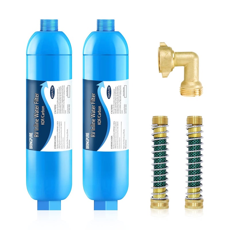 Bringpure 2 Pack RV Inline/Marine Water Filter, NSF Certified, Reduces Chlorine, Heavy Metals, Fluoride, Sediments, Rust, Compatible with Camco 40043 KDF Filter
