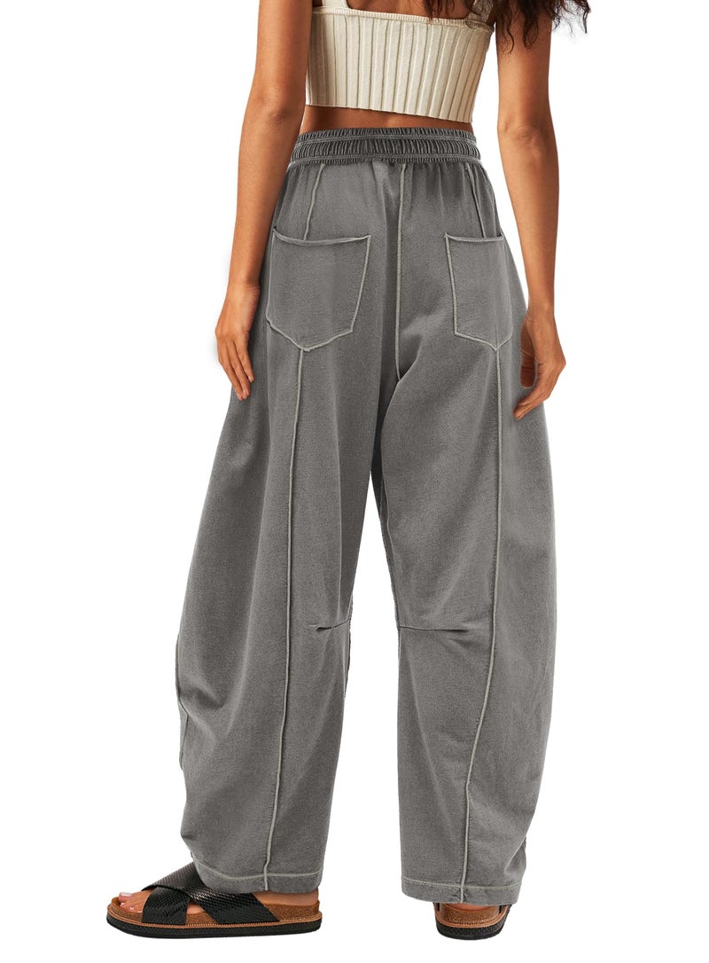 Yanekop Womens Baggy Wide Leg Pants Casual Fall Trousers Palazzo Pants Drawstring Waist Barrel Sweatpants with Pockets(Dark Grey,M) - Image 2