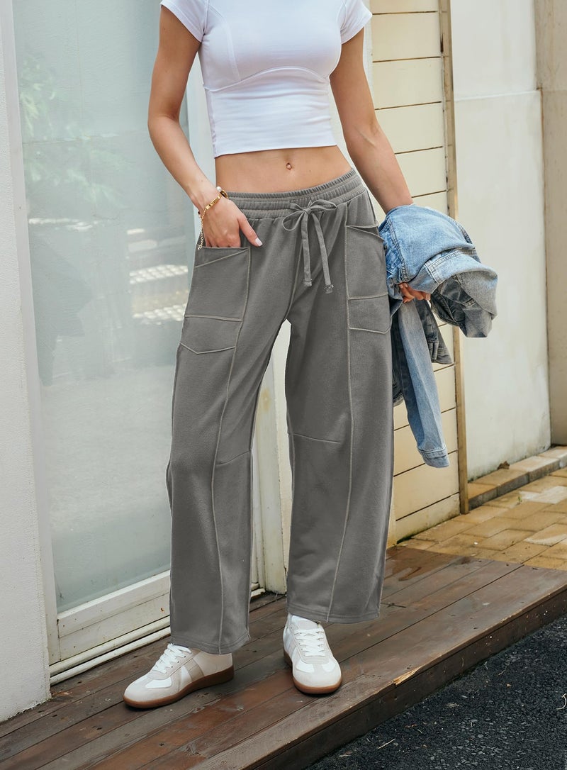 Yanekop Womens Baggy Wide Leg Pants Casual Fall Trousers Palazzo Pants Drawstring Waist Barrel Sweatpants with Pockets(Dark Grey,M) - Image 3