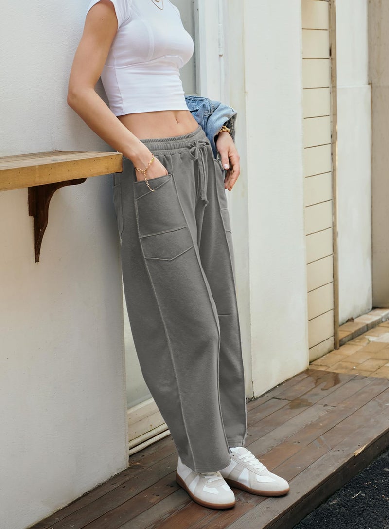 Yanekop Womens Baggy Wide Leg Pants Casual Fall Trousers Palazzo Pants Drawstring Waist Barrel Sweatpants with Pockets(Dark Grey,M) - Image 4