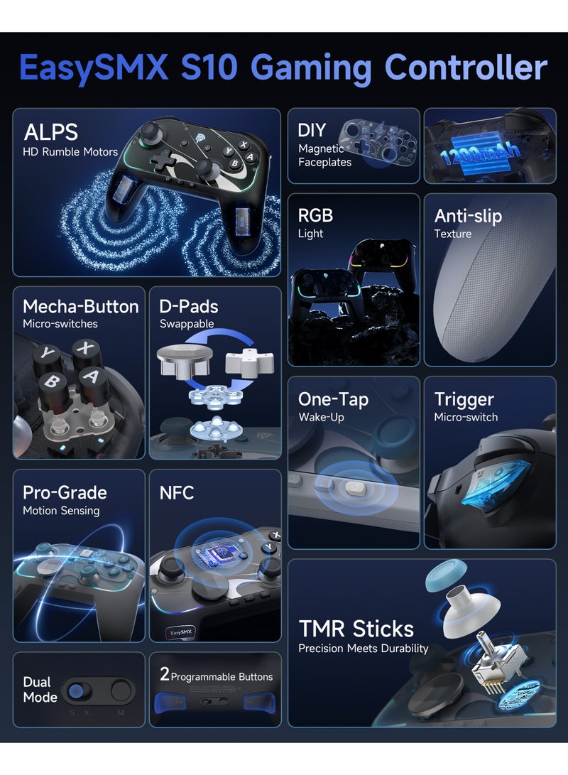 إيزي إس إم إكس وحدة تحكم لاسلكية S10 TMR Joystick RGB متوافقة مع Switch 2/الكمبيوتر الشخصي/الهاتف/التلفزيون/Steam، NFC، Gyro، HD Rumble - Image 4