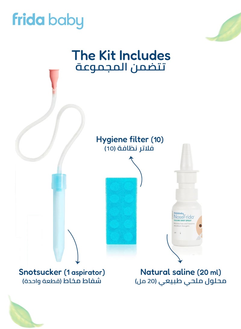 NoseFrida Snotsucker Saline Kit | Made in Sweden | Baby Nasal Aspirator, Saline Spray & 20 Hygiene Filters | Clears Stuffy Noses | Safe, BPA-Free, Pediatrician Recommended