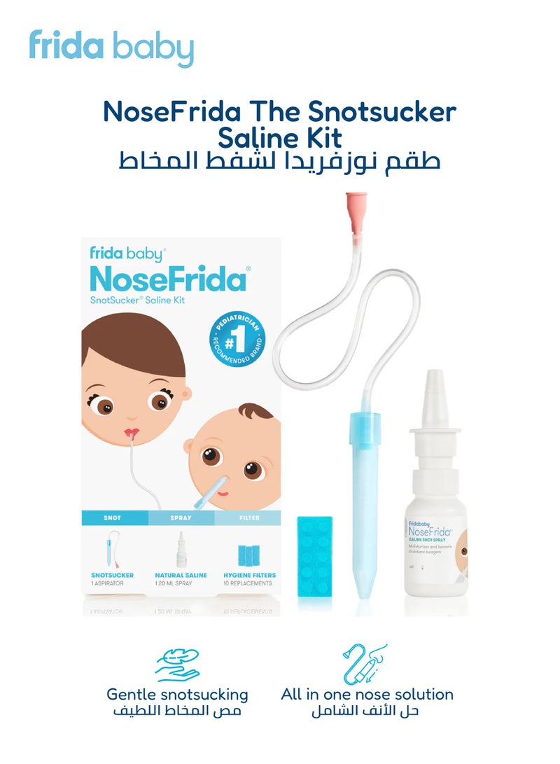 NoseFrida Snotsucker Saline Kit | Made in Sweden | Baby Nasal Aspirator, Saline Spray & 20 Hygiene Filters | Clears Stuffy Noses | Safe, BPA-Free, Pediatrician Recommended