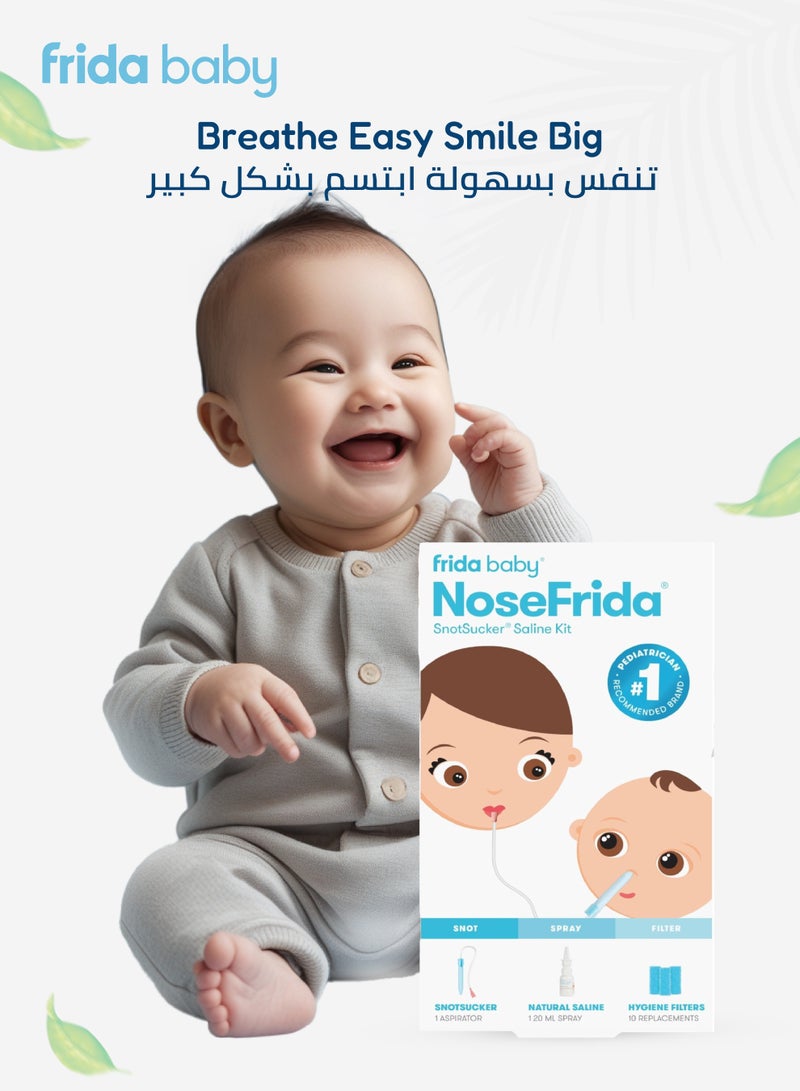 NoseFrida Snotsucker Saline Kit | Made in Sweden | Baby Nasal Aspirator, Saline Spray & 20 Hygiene Filters | Clears Stuffy Noses | Safe, BPA-Free, Pediatrician Recommended
