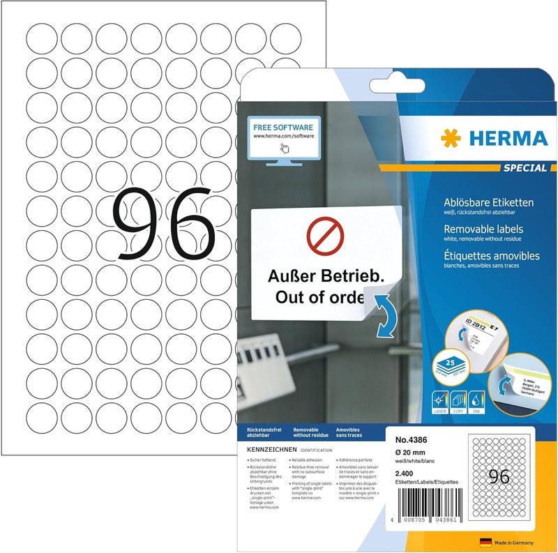 Herma Self Adhesive Removable Round Labels, 96 Labels per A4 Sheet, 25 Sheets, Ø 20 mm, 2400 Labels, Blank Multipurpose Labels Stickers, Sticky Dots for Laser & Inkjet Printer, White - Image 1