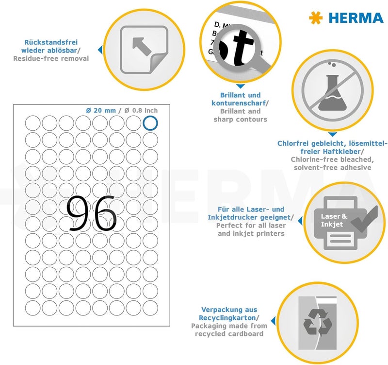 Herma Self Adhesive Removable Round Labels, 96 Labels per A4 Sheet, 25 Sheets, Ø 20 mm, 2400 Labels, Blank Multipurpose Labels Stickers, Sticky Dots for Laser & Inkjet Printer, White - Image 3