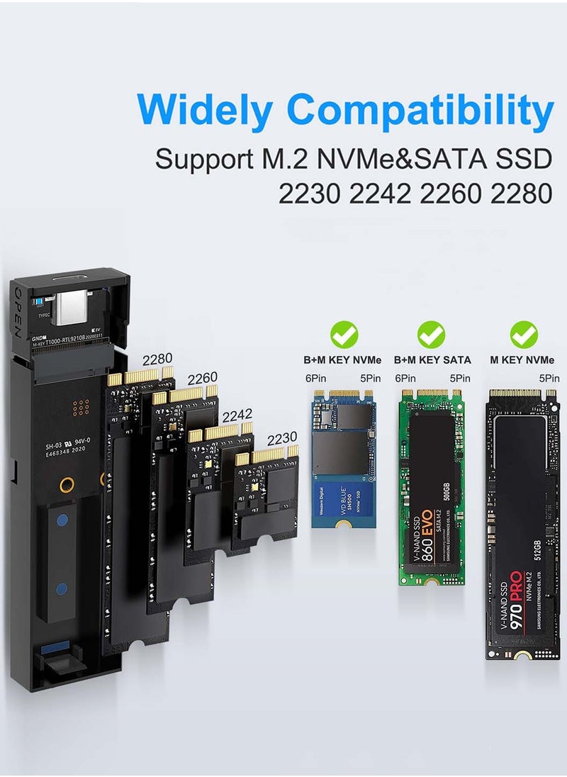 M.2 SSD Enclosure External, NVMe External Hard Drive Enclosure,withUSB C 3.2 10Gbps Gen2,Tool-Free Installation,Supports UASP,Trim,M-Key(B+M Key) and Size in 2230/2242 /2260/2280 SSDs (Not for M.2 SATA)