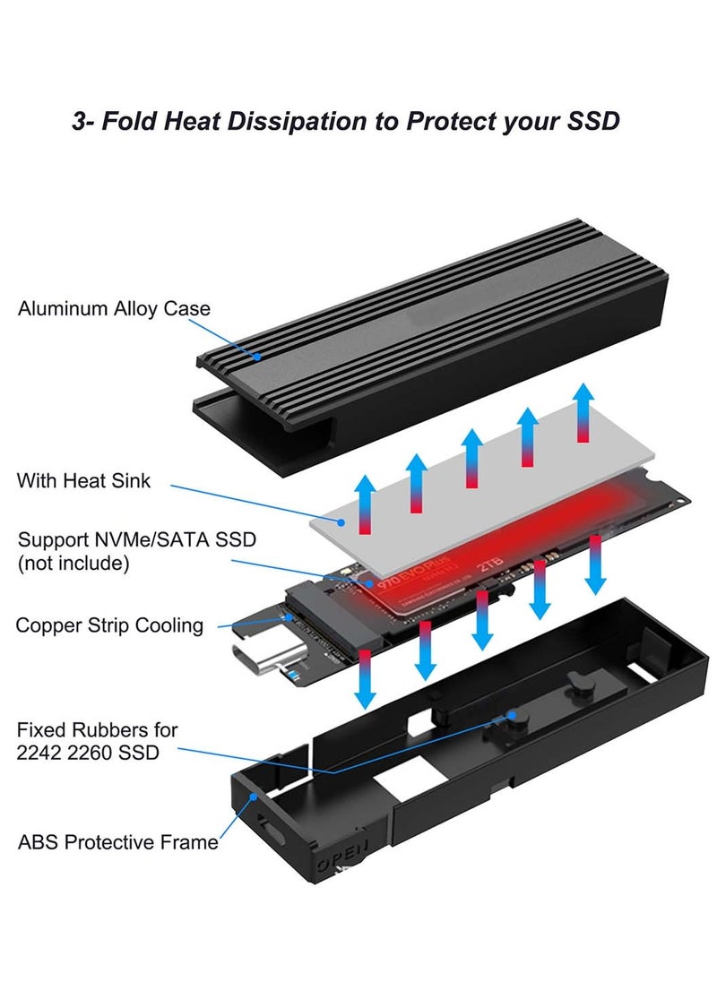 M.2 SSD Enclosure External, NVMe External Hard Drive Enclosure,withUSB C 3.2 10Gbps Gen2,Tool-Free Installation,Supports UASP,Trim,M-Key(B+M Key) and Size in 2230/2242 /2260/2280 SSDs (Not for M.2 SATA)