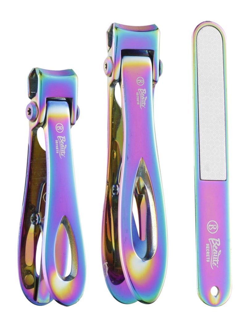 Beauté Secrets Luxury Nail Cutter Set With Nail Filer, Fingernail & Toenail Clipper with Sharp and Sturdy Blade, Premium Stainless Steel Nail Set with 17mm Wide Jaw Opening for Thick Nails (Rainbow) - Image 1