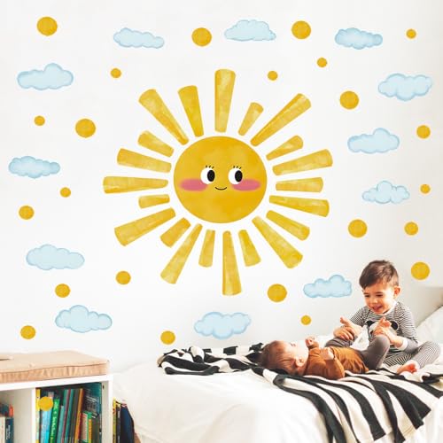 Eutecado Large Sun Wall Decals Watercolor Cloudy Wall Stickers for Kids Room, Smile Sun Polka Dots Clouds Wall Decor Stickers Peel and Stick Art Murals Decorations for Nursery Classroom Bedroom - Image 2