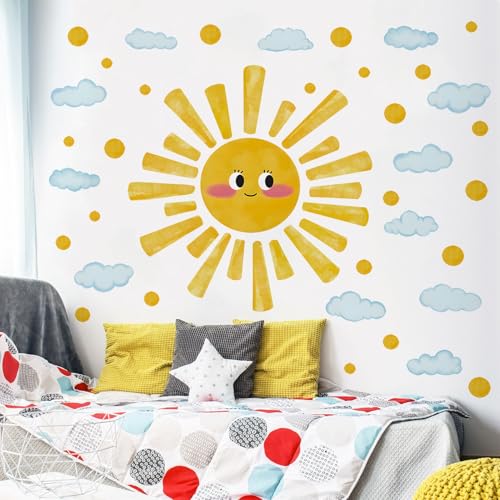 Eutecado Large Sun Wall Decals Watercolor Cloudy Wall Stickers for Kids Room, Smile Sun Polka Dots Clouds Wall Decor Stickers Peel and Stick Art Murals Decorations for Nursery Classroom Bedroom - Image 4