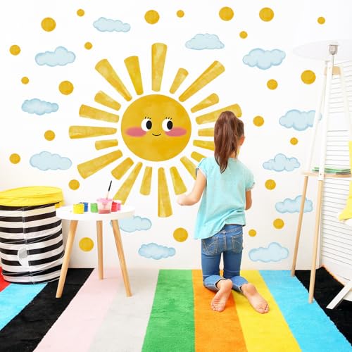 Eutecado Large Sun Wall Decals Watercolor Cloudy Wall Stickers for Kids Room, Smile Sun Polka Dots Clouds Wall Decor Stickers Peel and Stick Art Murals Decorations for Nursery Classroom Bedroom - Image 3