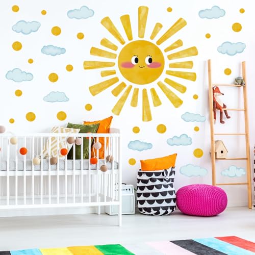 Eutecado Large Sun Wall Decals Watercolor Cloudy Wall Stickers for Kids Room, Smile Sun Polka Dots Clouds Wall Decor Stickers Peel and Stick Art Murals Decorations for Nursery Classroom Bedroom - Image 1