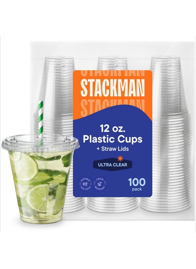 Stack Man 12 oz Clear Plastic Cups with Straw-Slot Lids [100 Sets] PET Crystal Clear Disposable 12oz Plastic Cups with Lids - Crystal Clear, Durable Cup. BPA Free + Crack Resistant, for Coffee, Juice, Shakes  - Image 1