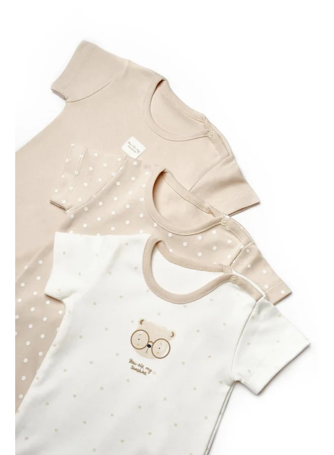 Magu Unisex Baby Cotton Beige-Ecru 3-Piece Printed Snap Bodysuit Set – Short Sleeve.