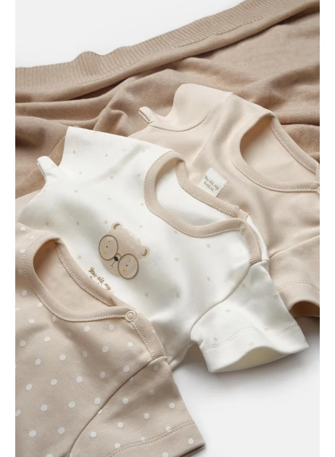 Magu Unisex Baby Cotton Beige-Ecru 3-Piece Printed Snap Bodysuit Set – Short Sleeve.