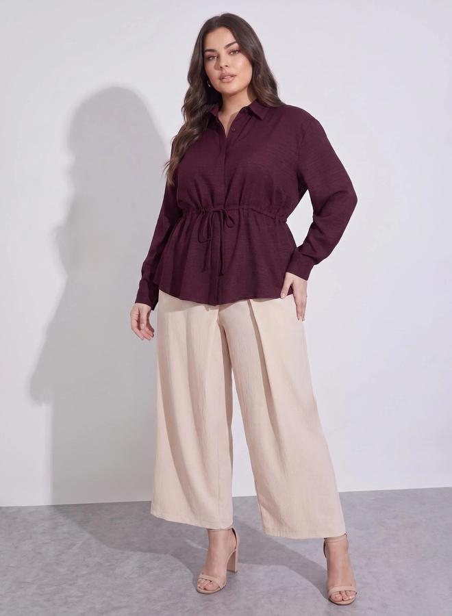 Styli Plus Size Burgundy Solid Tie-Up Waist Shirt - Image 2
