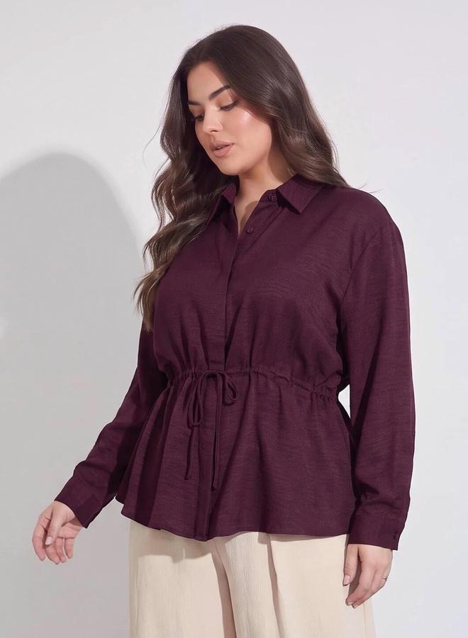 Styli Plus Size Burgundy Solid Tie-Up Waist Shirt - Image 1