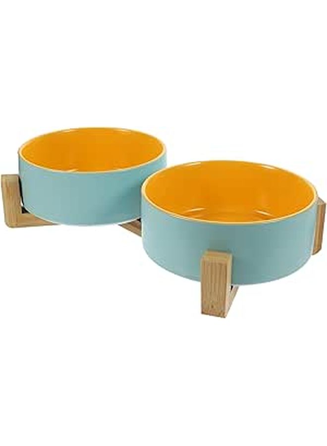 Raised Ceramic Cat Bowls Double Pet Food And Water Bowls With Anti Slip Wood Stand Small Size Matte Cream For Indoor Cats Kittens - Image 1