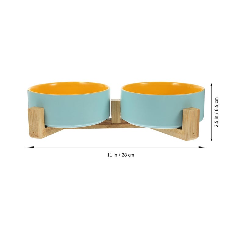 Raised Ceramic Cat Bowls Double Pet Food And Water Bowls With Anti Slip Wood Stand Small Size Matte Cream For Indoor Cats Kittens - Image 3