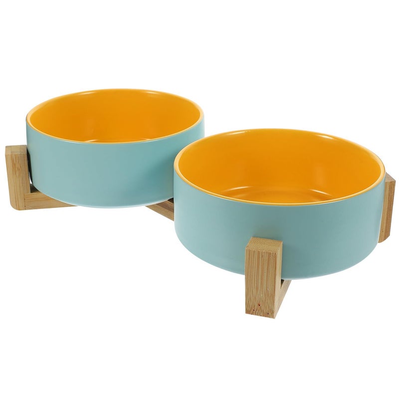 Raised Ceramic Cat Bowls Double Pet Food And Water Bowls With Anti Slip Wood Stand Small Size Matte Cream For Indoor Cats Kittens - Image 2